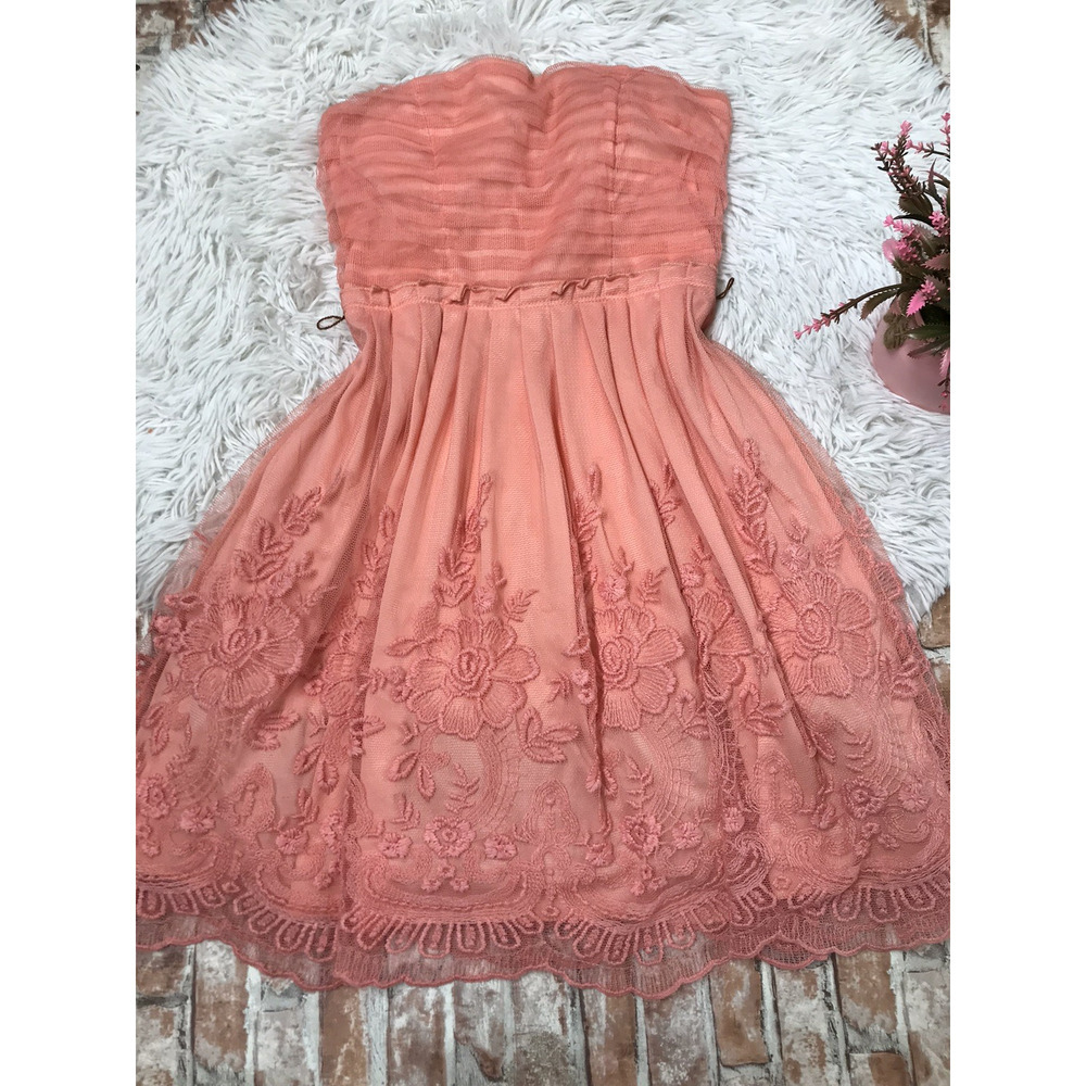 Jodi Kristopher Fit & Flare Dress Womens Size 5 Pink Lace Floral Strapless Zips